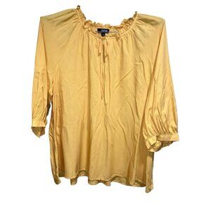 A.N.A Womens XXL Yellow Peasant Top Blouse Rayon Ruffle Tie Neck 3/4 Sleeve